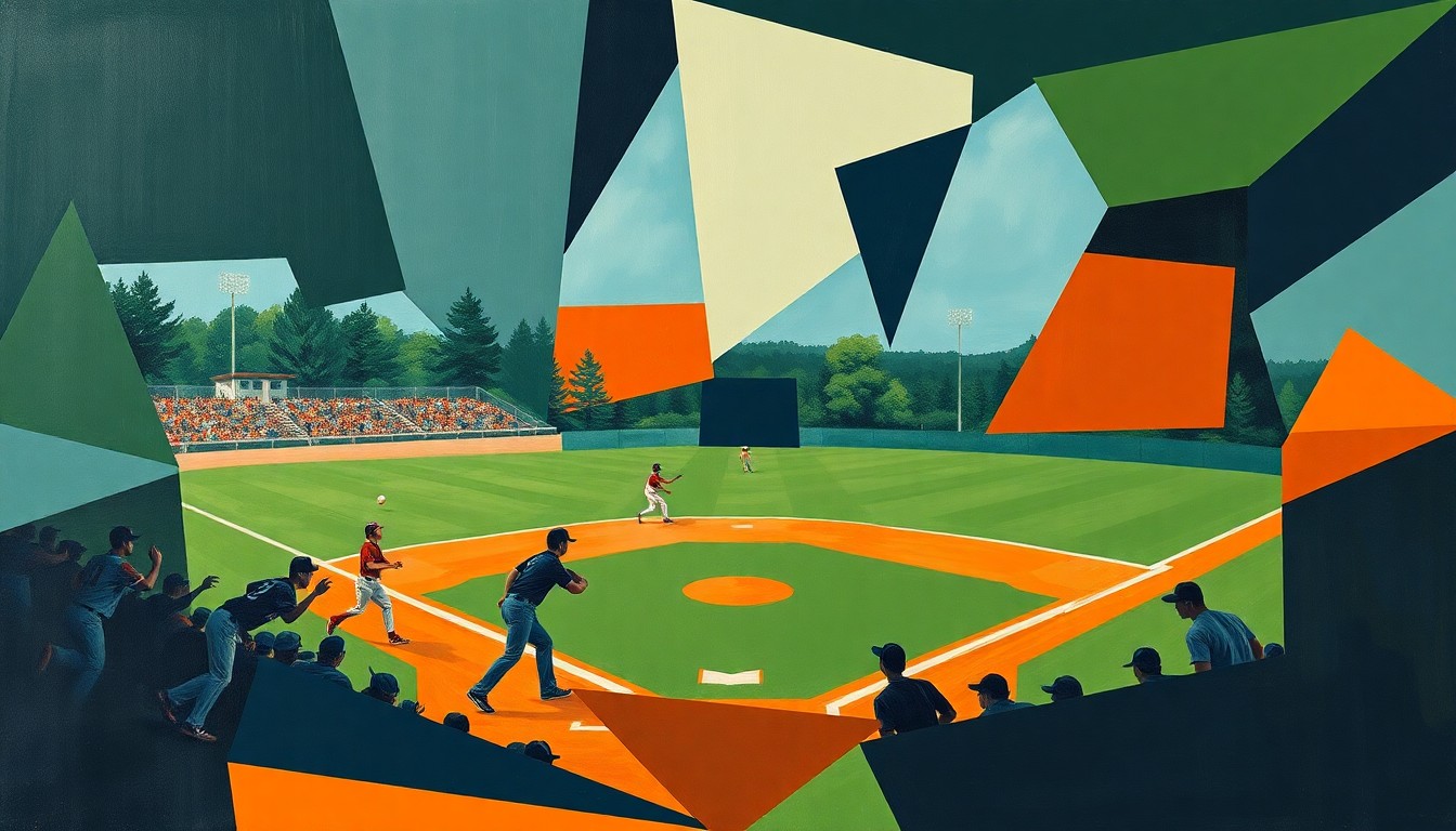 A fragmented, geometric painting depicting the motion and energy of a high school baseball game, with players and the field broken down into abstract shapes and planes of navy, green, and orange.