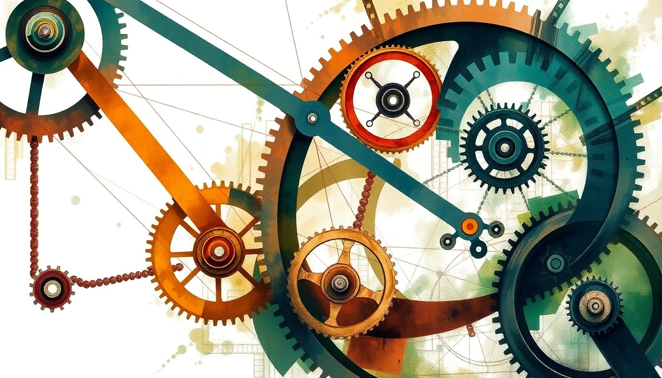 A vibrant, abstract painting featuring sweeping geometric shapes and organic spirals in earthy tones, conceptually representing the interconnected forces and mechanisms of basic mechanical devices.