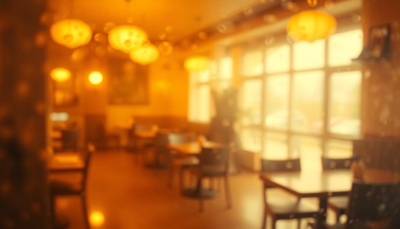 An abstract, impressionistic image of a dimly lit restaurant interior, with blurred shapes and soft, warm colors creating a sense of nostalgia and loss.