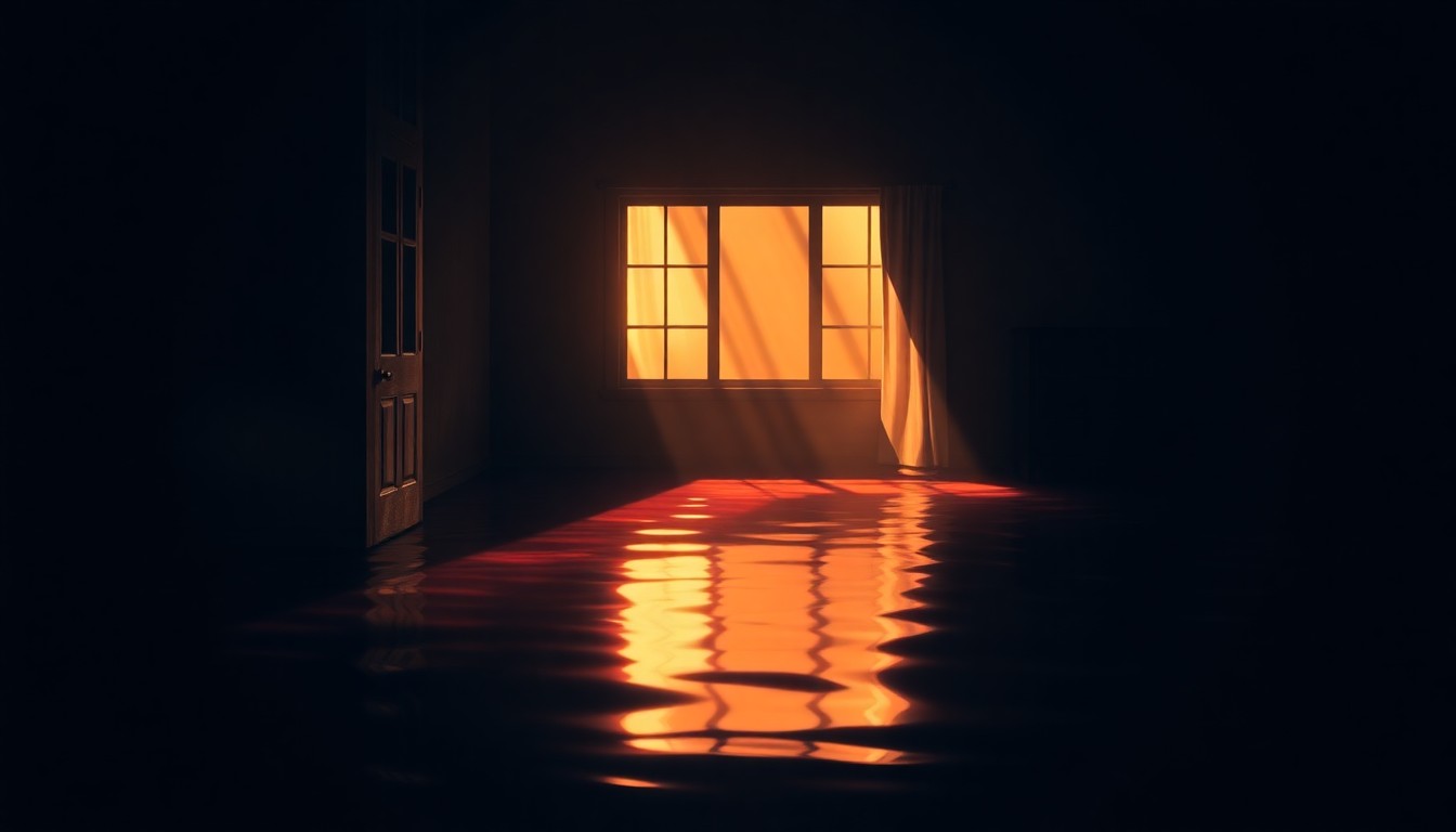 A serene, photorealistic painting depicting an elderly woman's modest home partially submerged in murky floodwaters, the scene bathed in warm, golden light and deep shadows that evoke a sense of quiet melancholy.