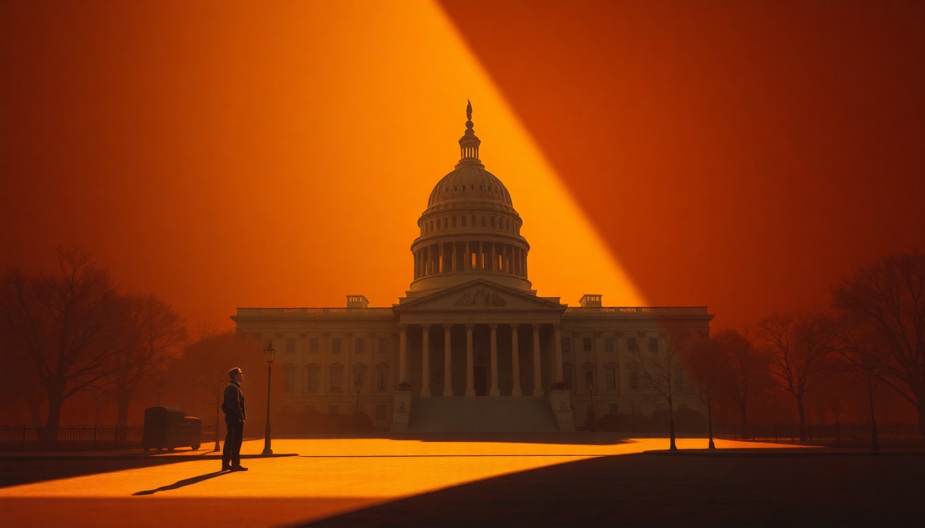A cinematic painting of a solitary political figure or government building bathed in warm, diagonal sunlight and deep shadows, conveying a sense of quiet contemplation and nostalgia.