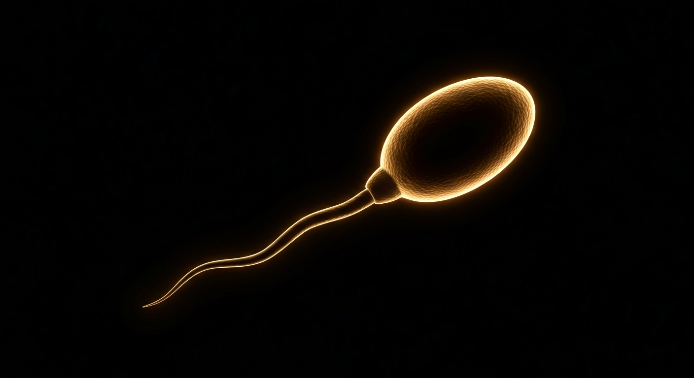 A minimalist neon outline of a sperm cell, glowing against a dark background and emphasizing the shape and energy of the reproductive cell.
