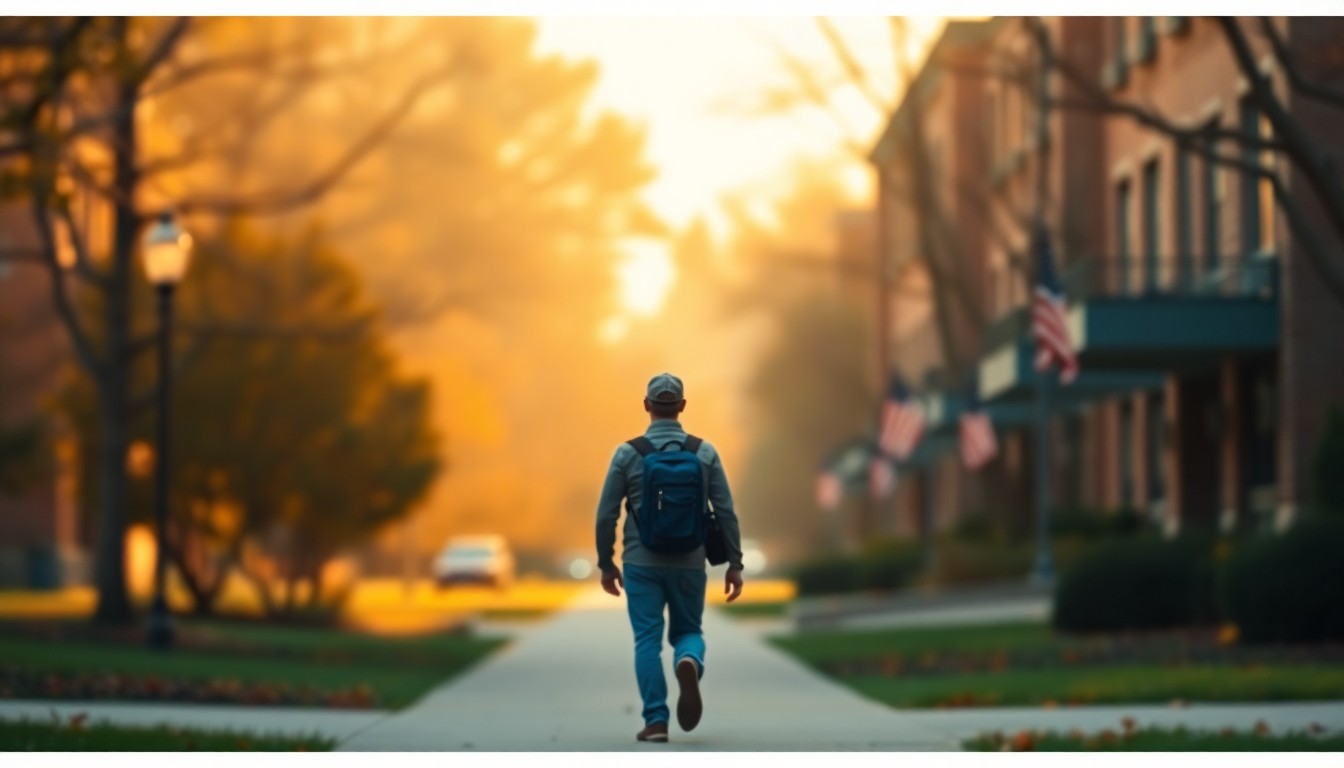 An abstracted, out-of-focus photograph of a person walking through a university campus, with warm pools of light and color creating a soft, dreamlike atmosphere that evokes the supportive environment for military-affiliated students.