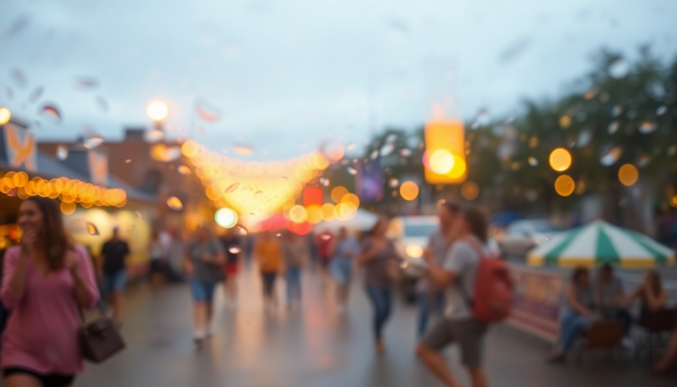 An abstract, out-of-focus photograph in warm, soft tones depicting various lifestyle scenes and concepts, such as people enjoying live music, theatre performances, and outdoor activities, conceptually representing the festive and community-driven atmosphere of Roanoke's weekly events.