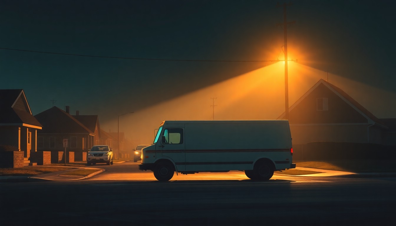 A realistic painting of an ICE vehicle parked on a quiet suburban street, the warm light and deep shadows creating a contemplative, cinematic mood that reflects the complex tensions surrounding immigration enforcement.