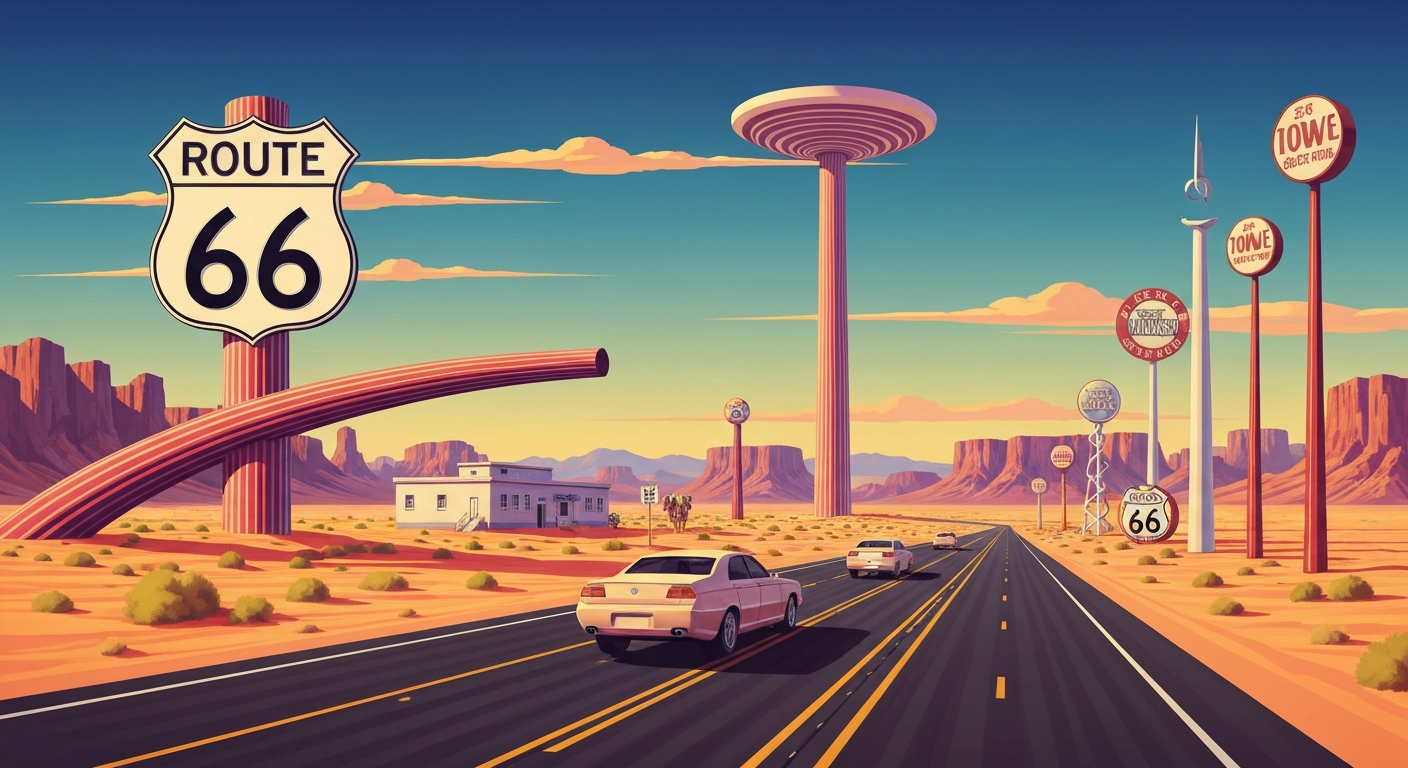 A highly stylized, geometric illustration depicting the sweeping curves of a desert highway cutting through the landscape, with towering roadside attractions and neon signs in the distance, capturing the grand scale and romantic spirit of travel along Route 66.