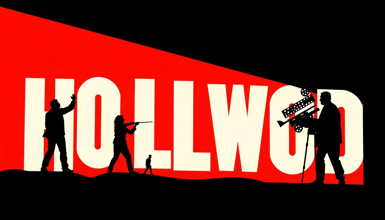 A bold, abstract illustration featuring stark, jagged geometric shapes and heavy black silhouettes in a high-contrast color palette, conceptually representing the decline of the Hollywood film industry.