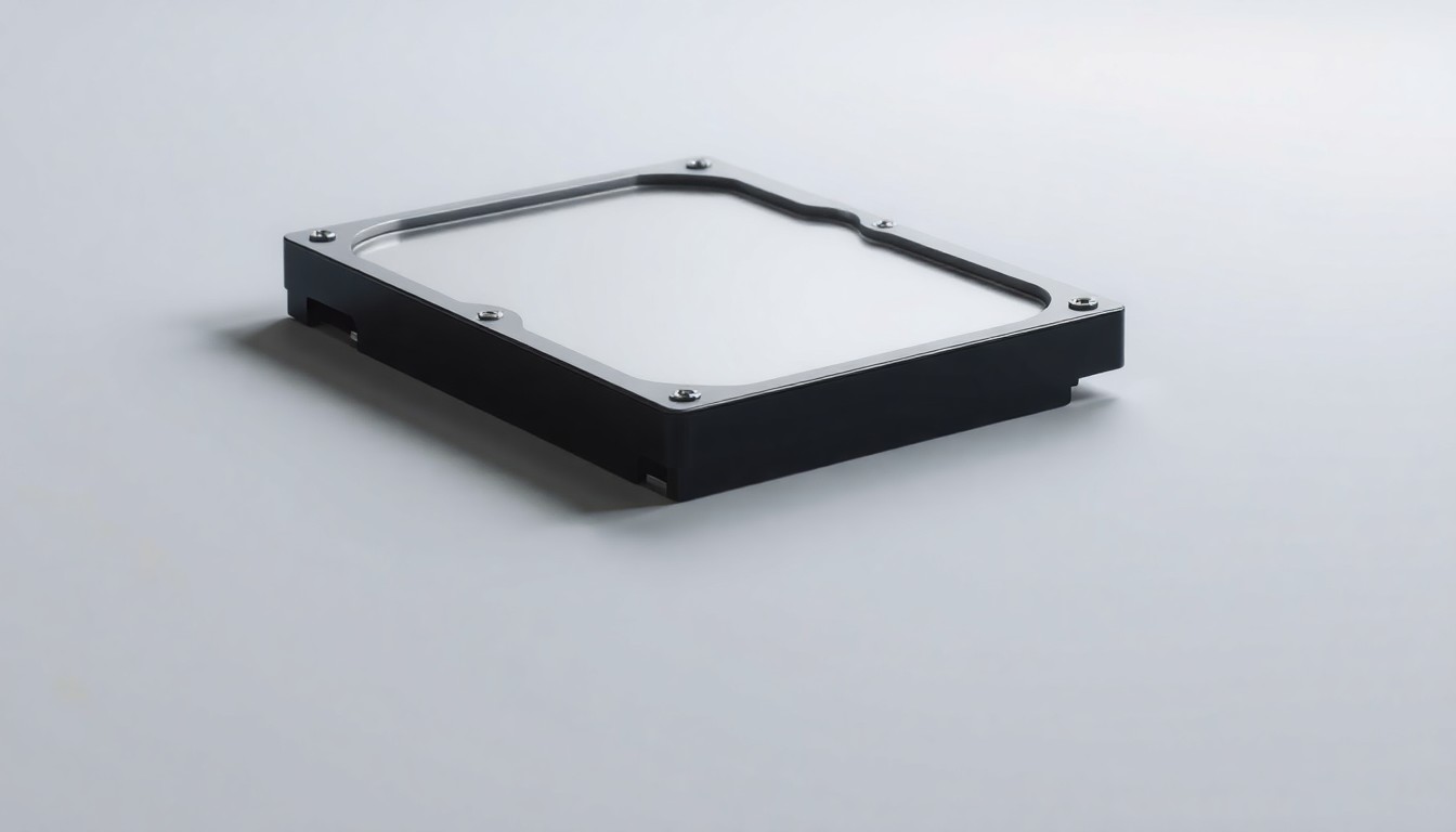 A highly detailed, photorealistic studio photograph of a metallic hard drive casing resting on a clean, white background, dramatically lit to create sharp shadows and a sense of corporate strategy and legal maneuvering.