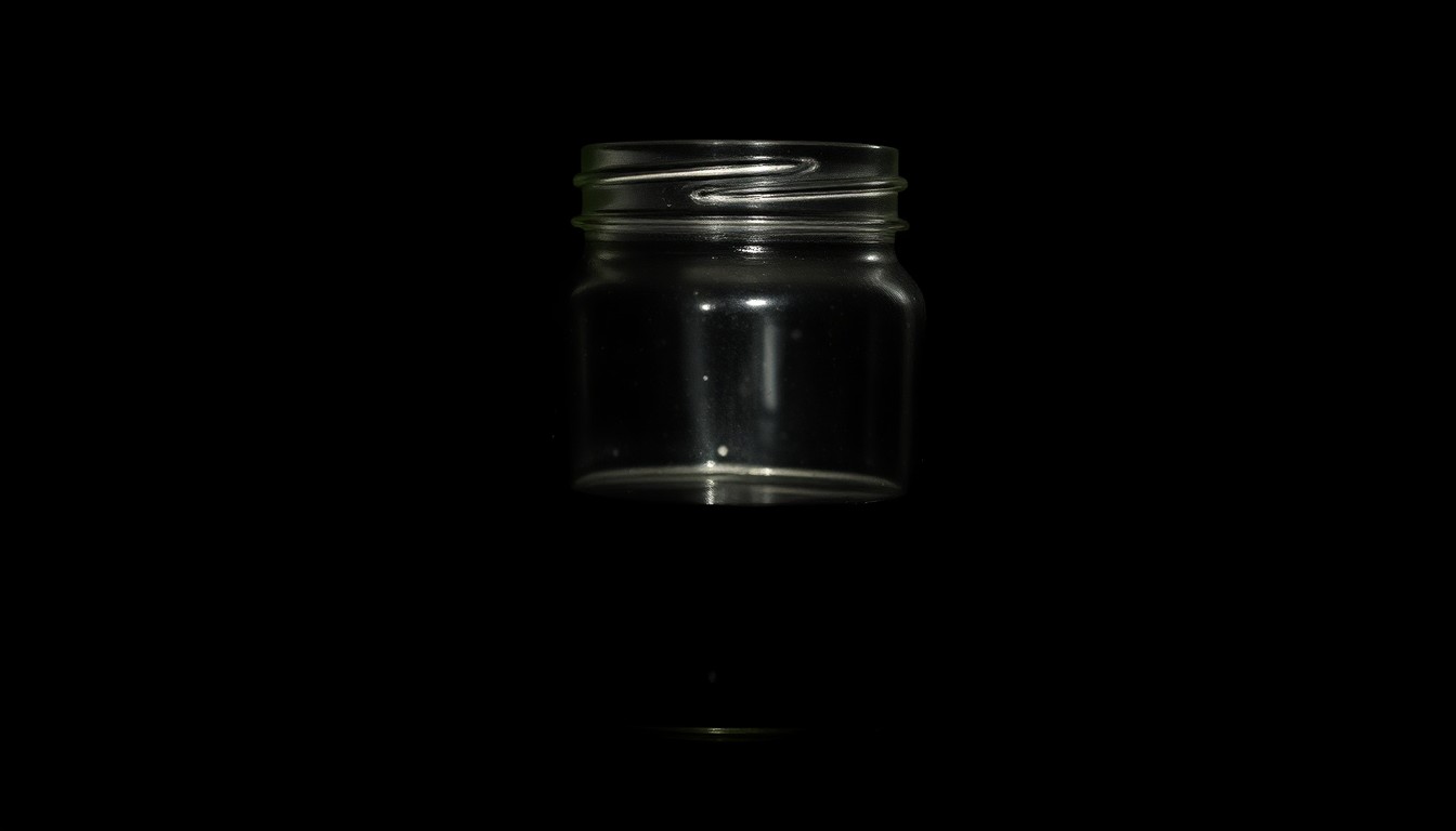 An extreme close-up photograph of a small glass jar containing a dark, viscous liquid, the harsh lighting and stark black background creating a gritty, investigative aesthetic that conceptually represents the dangerous drug-related incident.