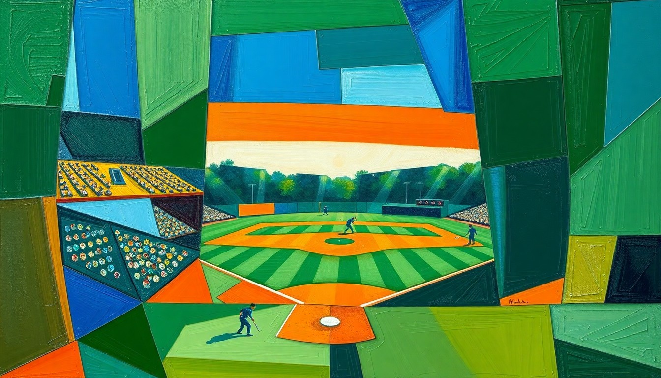 A fragmented, geometric painting depicting the motion and intensity of a high school softball game, with overlapping planes of color and form.