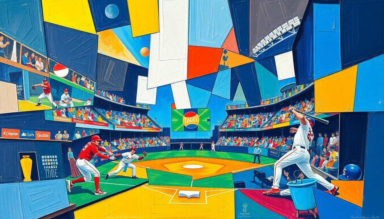 A cubist-style painting featuring fragmented, geometric shapes in bold colors representing baseball players and a baseball diamond, conveying the dynamic energy and multiple perspectives of the sport.