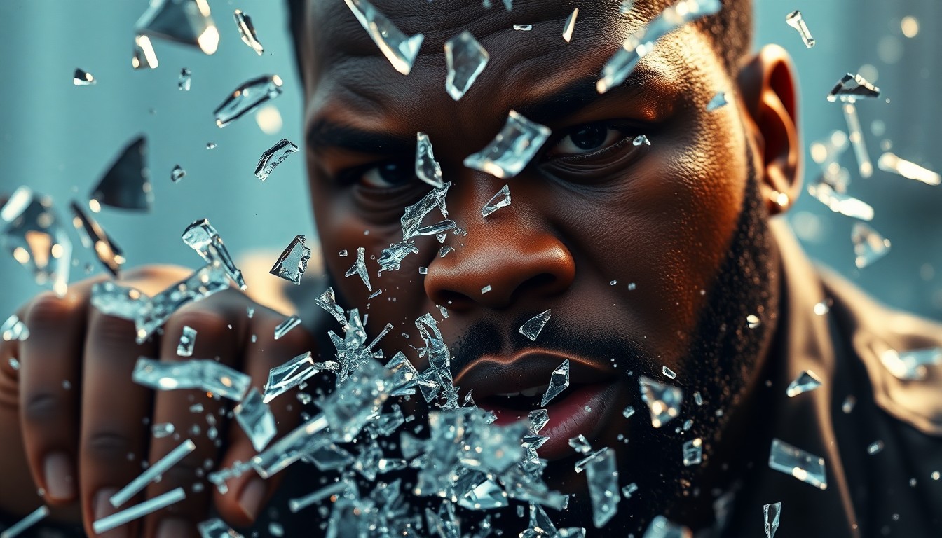 An extreme close-up photograph of shattered glass and glittering shards, conceptually representing the grit and determination behind 50 Cent's rise to fame.