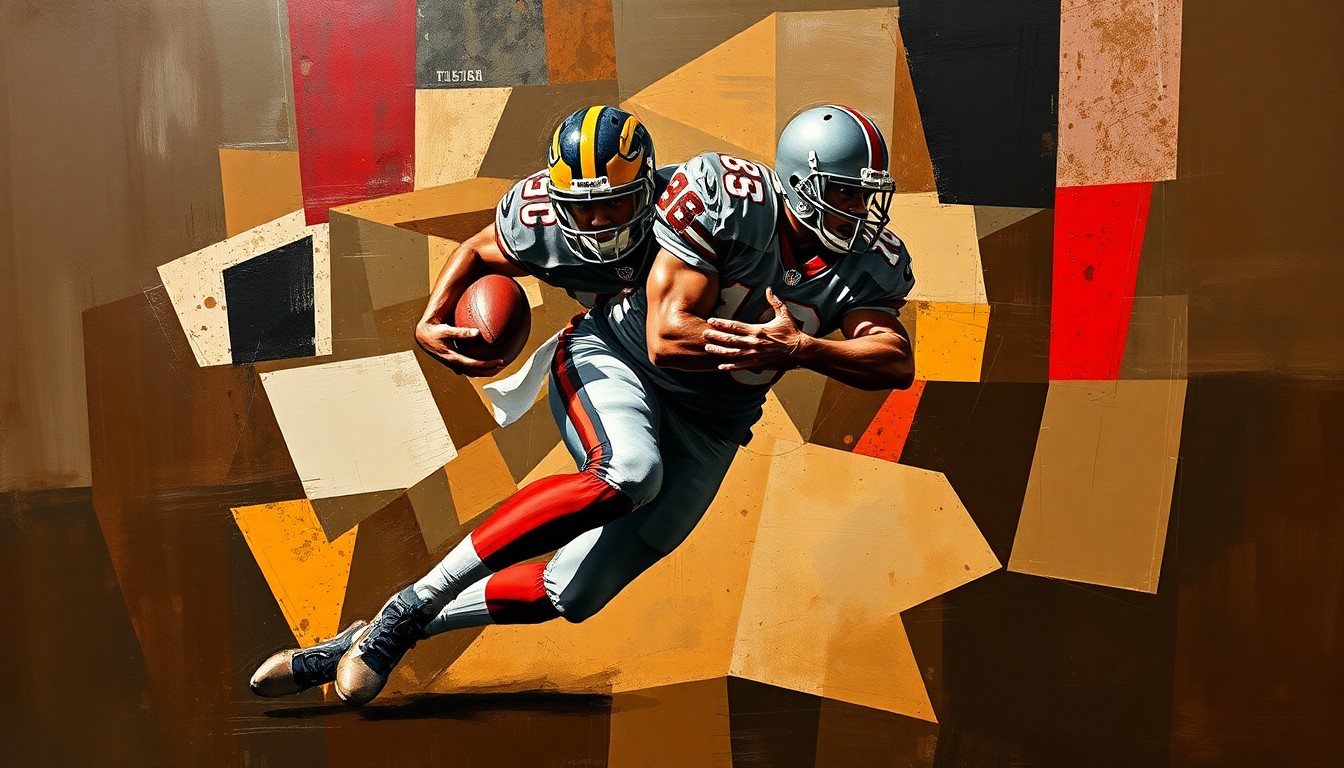 A fragmented, cubist-style painting depicting a football player in mid-sack motion, with their body broken down into sharp, overlapping geometric shapes in a palette of dark browns, greys, and deep reds, conveying the raw power and intensity of the sport.