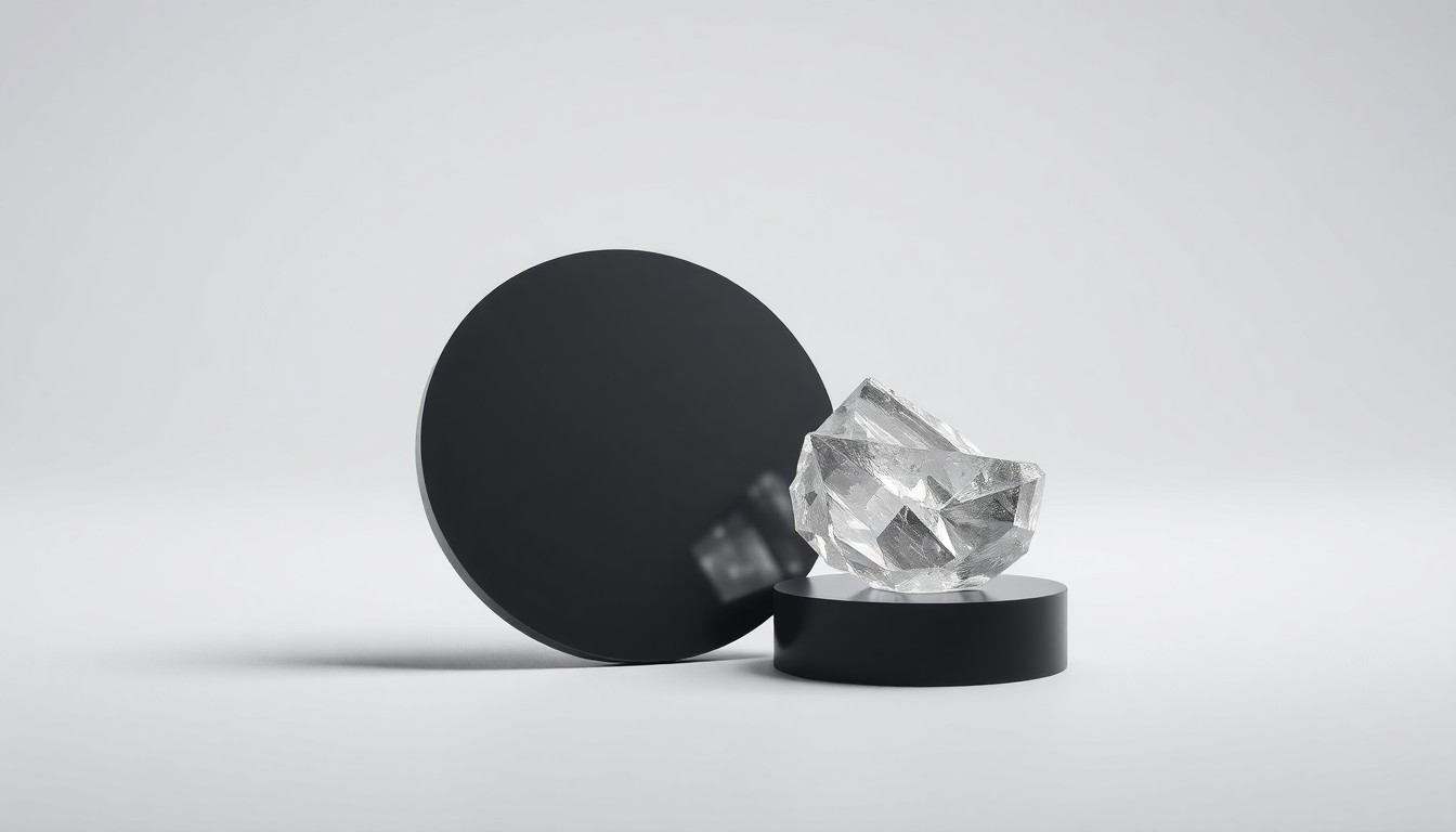 A photorealistic studio still life featuring a polished silicon wafer and germanium crystal specimen, symbolizing the advanced materials at the heart of Lattice Materials' operations in Montana.
