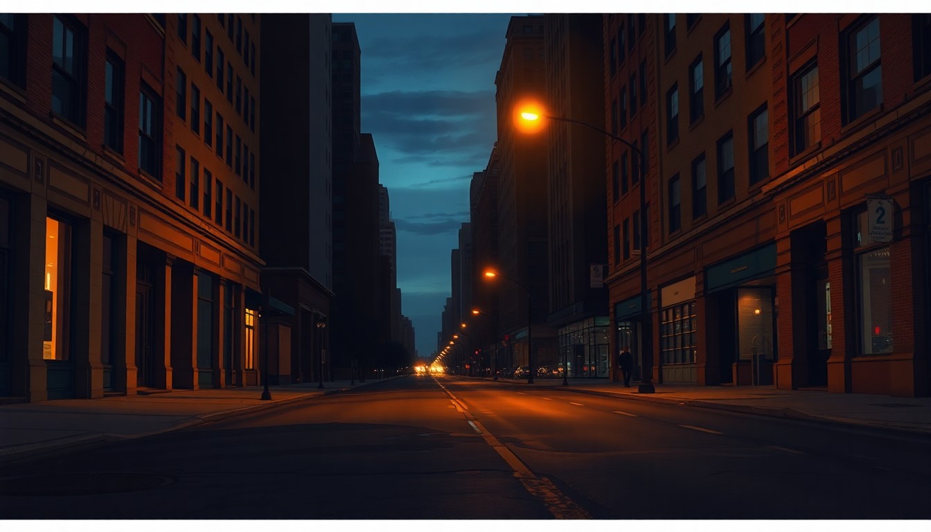 A quiet, cinematic painting of a solitary city street at dusk, with warm, diagonal shadows cast by a lone streetlight, conceptually representing the public's access to the proceedings of the Chicago Board of Ethics.