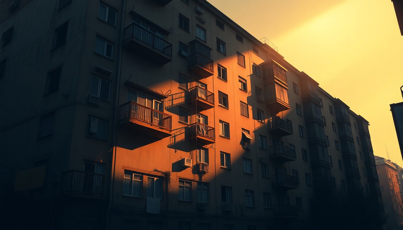 A photorealistic painting of a run-down, multi-story apartment building with peeling paint, boarded-up windows, and overgrown weeds, conveying a sense of urban decay and the need for housing reform.