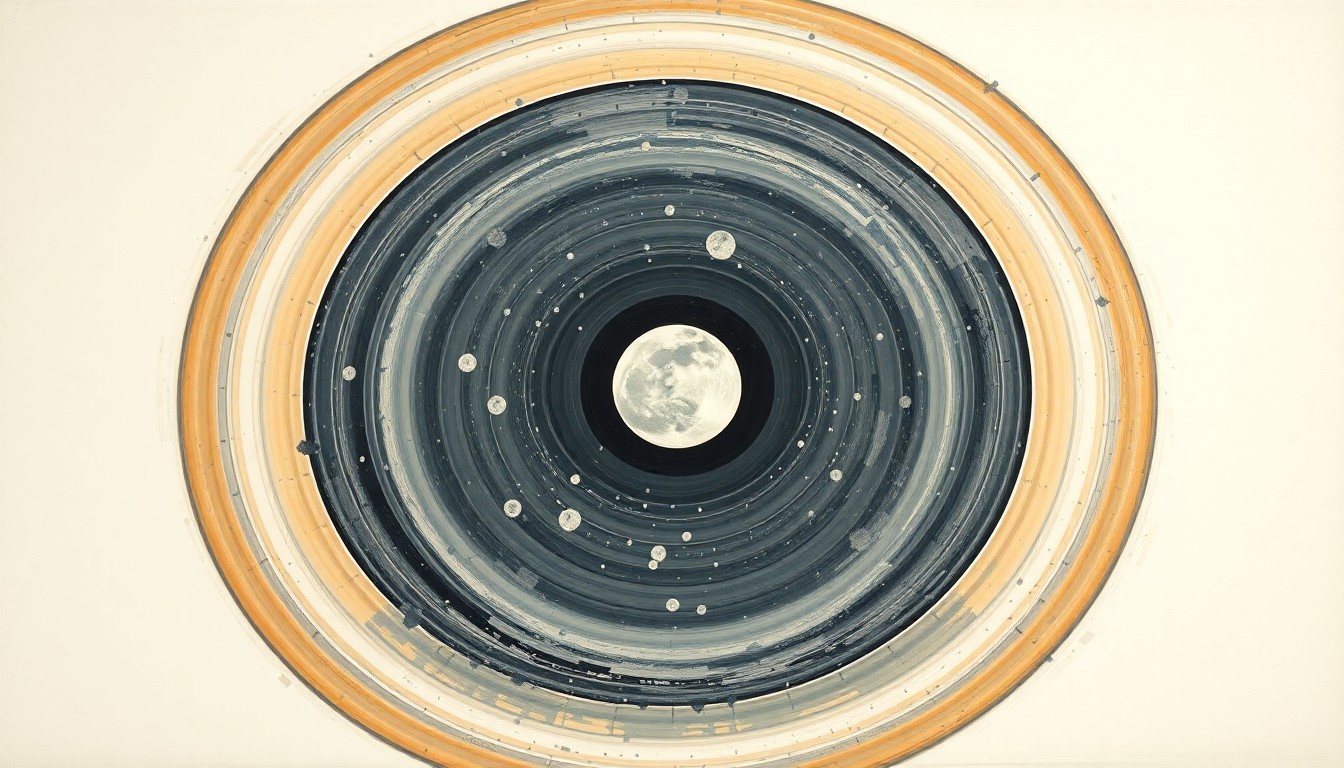 A highly structured abstract painting in soft blues, grays, and whites, depicting the geometric arcs and concentric circles of the Artemis II spacecraft's journey around the moon, conveying the structural order and beauty of lunar exploration.