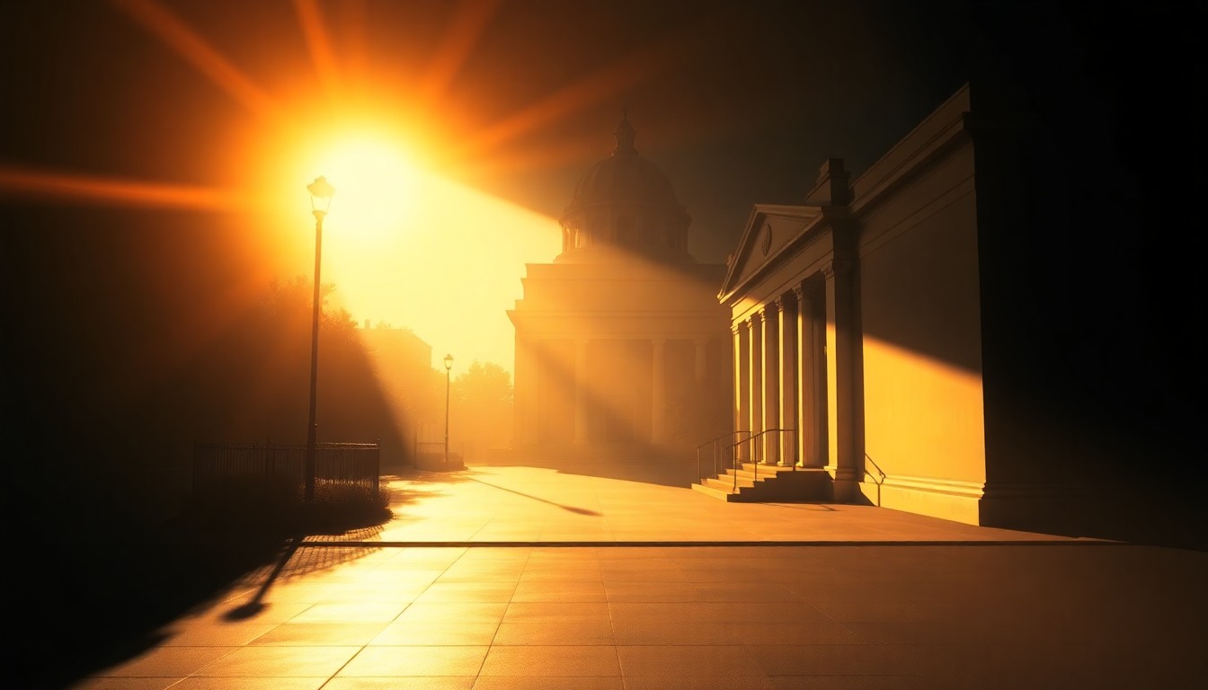 A serene, cinematic painting depicting the warm, golden glow of sunlight on the facade of a government building or town hall, with deep shadows and a sense of quiet contemplation.