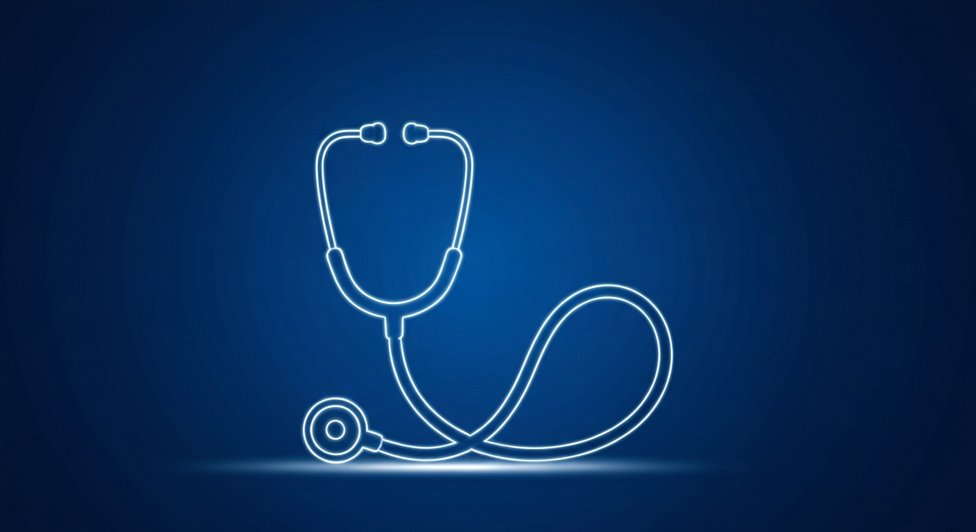 A vibrant neon outline of a stethoscope, glowing against a dark background and pulsing with an energetic, hopeful tone, conceptually representing the mission of a new regional physician network.