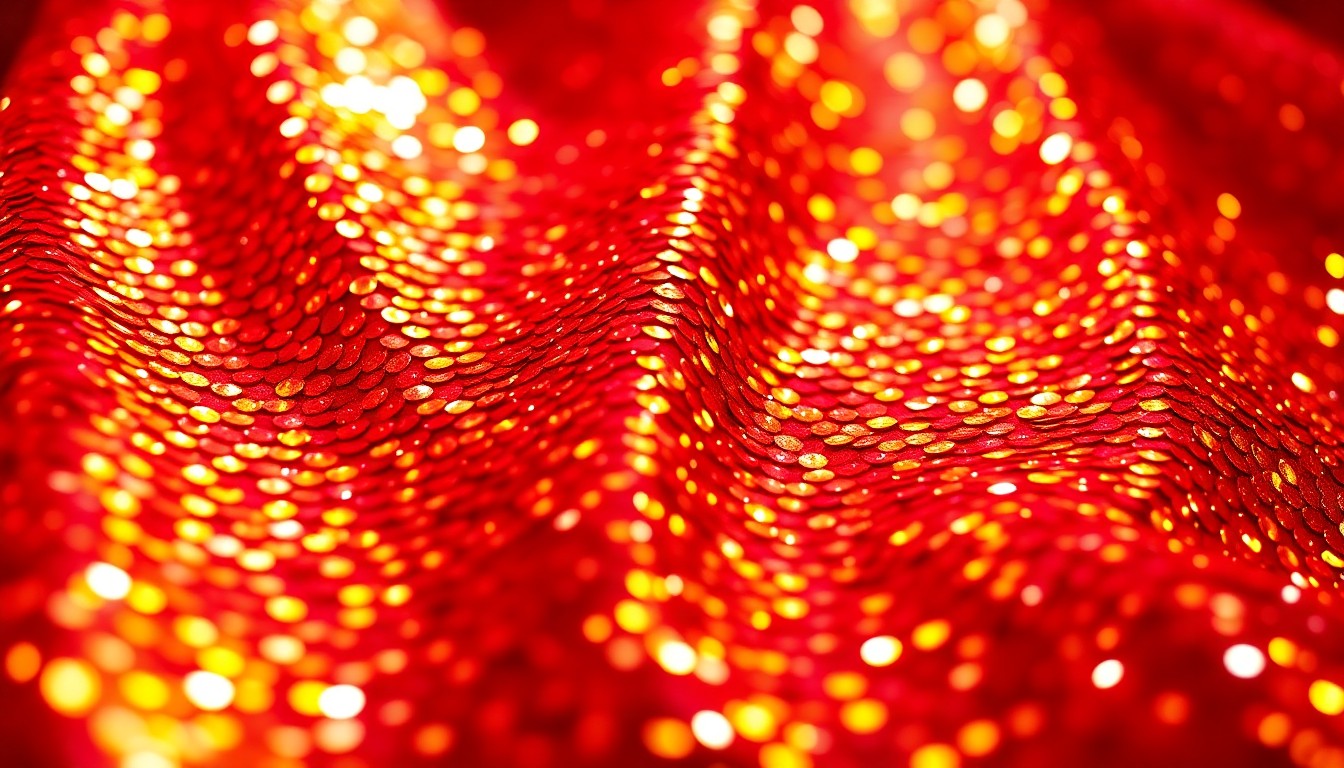 An abstract close-up photograph of shimmering red and gold sequins, conveying the high-energy, glamorous nature of the entertainment program Ridiculousness.