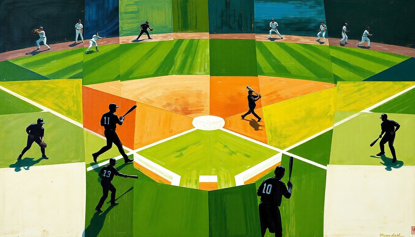 A fragmented, geometric painting depicting a baseball game, with overlapping planes of green grass, white chalk lines, and silhouetted players, conveying the fluid motion and multiple viewpoints of the sport.
