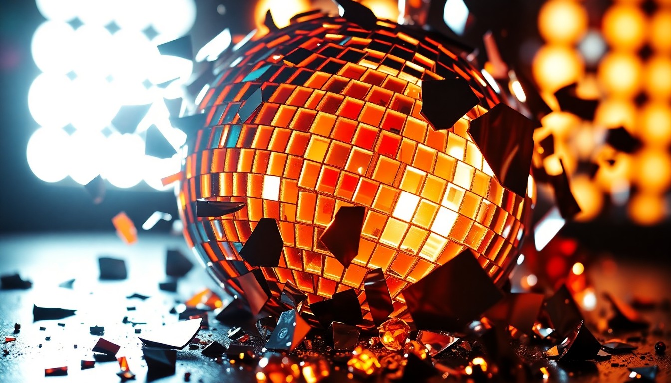 An abstract close-up photograph of shattered glass fragments reflecting dramatic studio lighting, capturing the glamour and energy of the comedy industry.