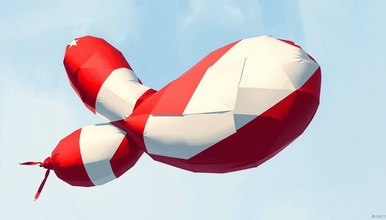 A vibrant, fragmented painting of an inflatable penis costume in patriotic colors, conveying the clash between free expression and government crackdown on dissent.