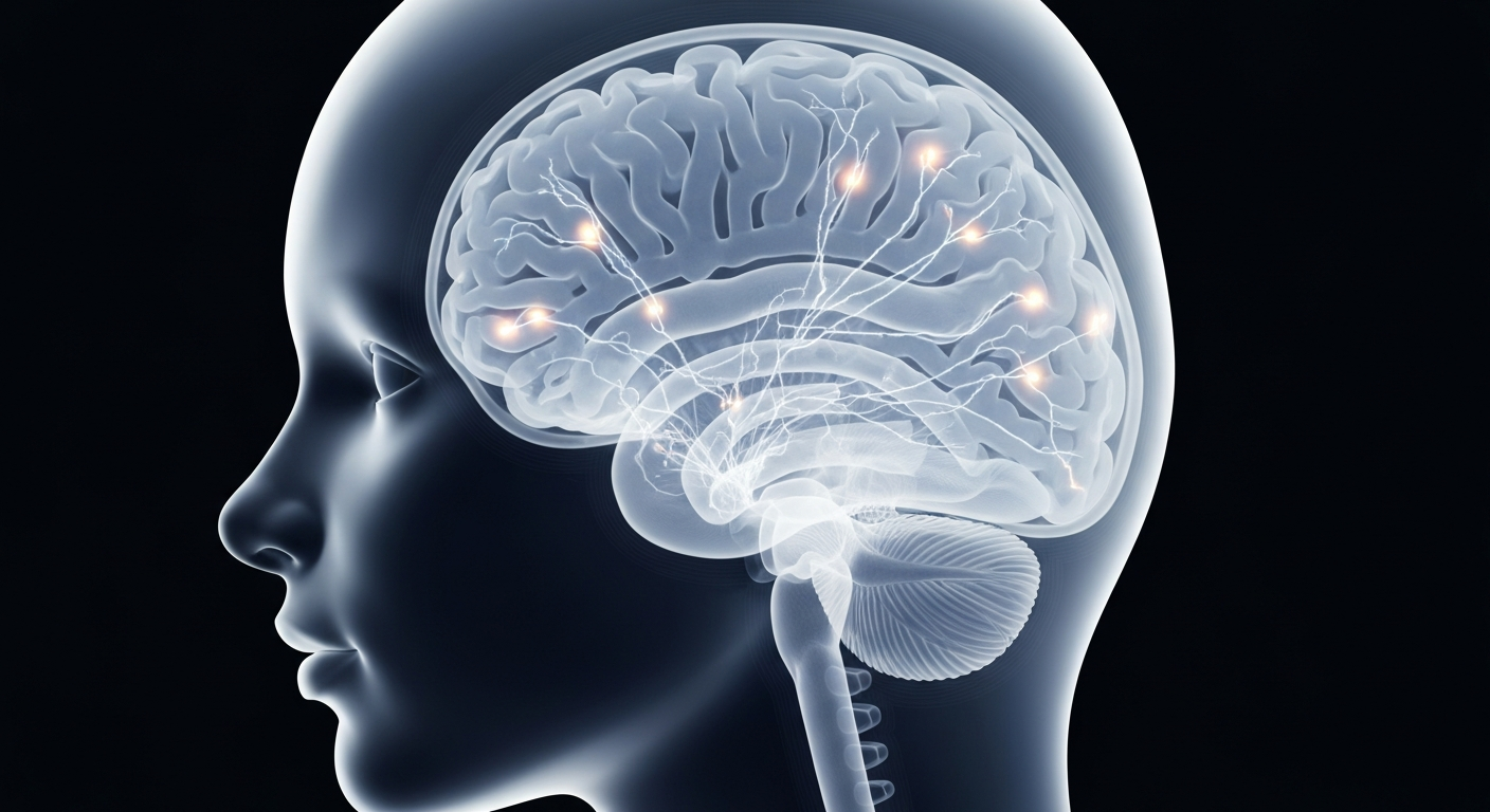 A ghostly, translucent X-ray image revealing the complex neural structures of a young person's brain, conveying the fragility and importance of youth mental health.