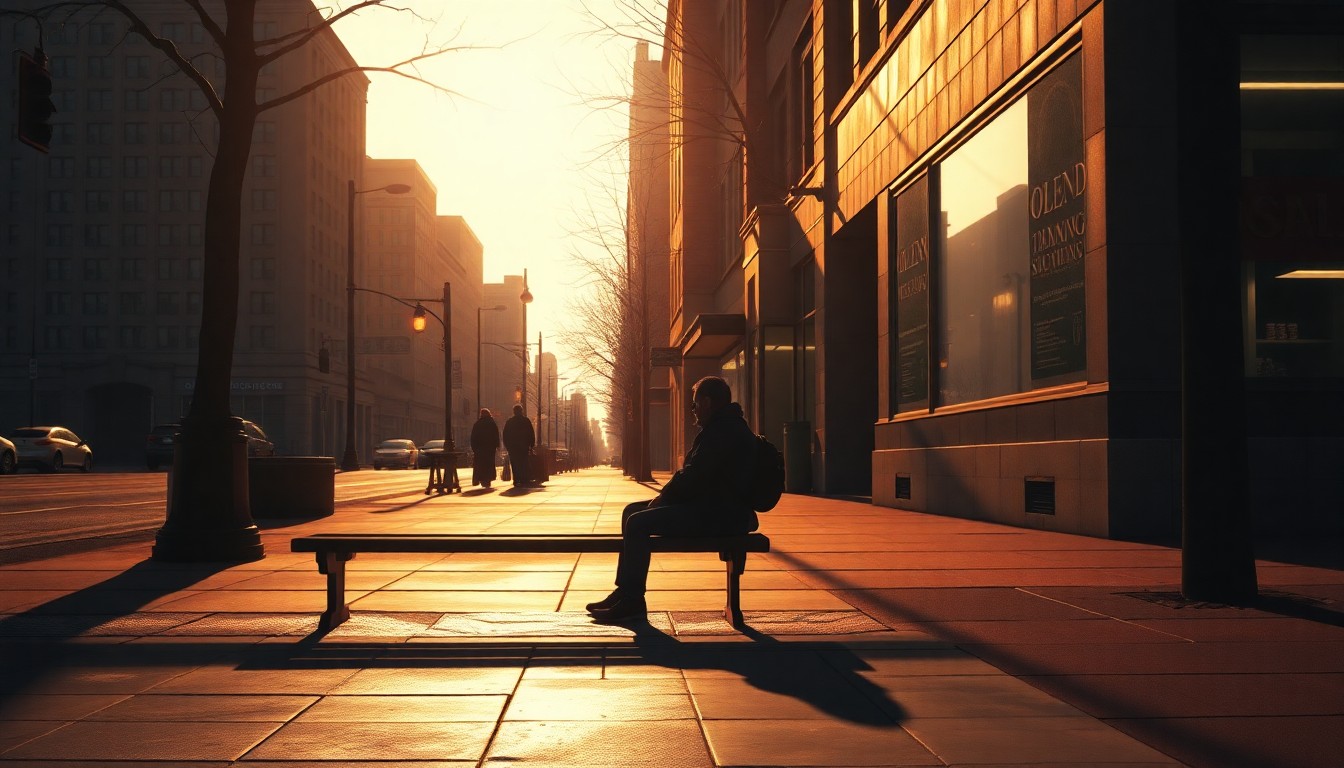 A serene, cinematic painting depicting a lone figure sitting on a park bench in a Denver city street, the scene bathed in warm, golden light and deep shadows, conveying a sense of urban solitude and the ongoing struggle with homelessness.