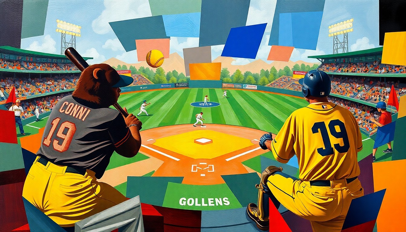 A cubist, geometric painting depicting the dynamic action of a college baseball game, with fragmented shapes and planes of players, bats, balls, and the field in the Bears' and Golden Lions' team colors.