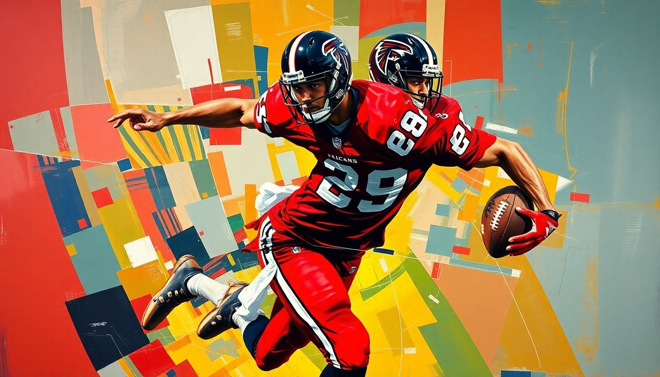 A cubist, geometric painting depicting a football player in motion, with sharp, overlapping planes of red and black colors representing the Atlanta Falcons' uniform colors.