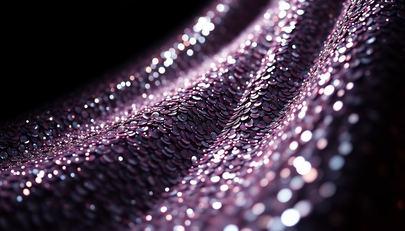 An extreme close-up photograph of shimmering sequins in dramatic, high-contrast studio lighting, creating a visually striking and abstract representation of the luxurious textures and glamour of the performing arts.