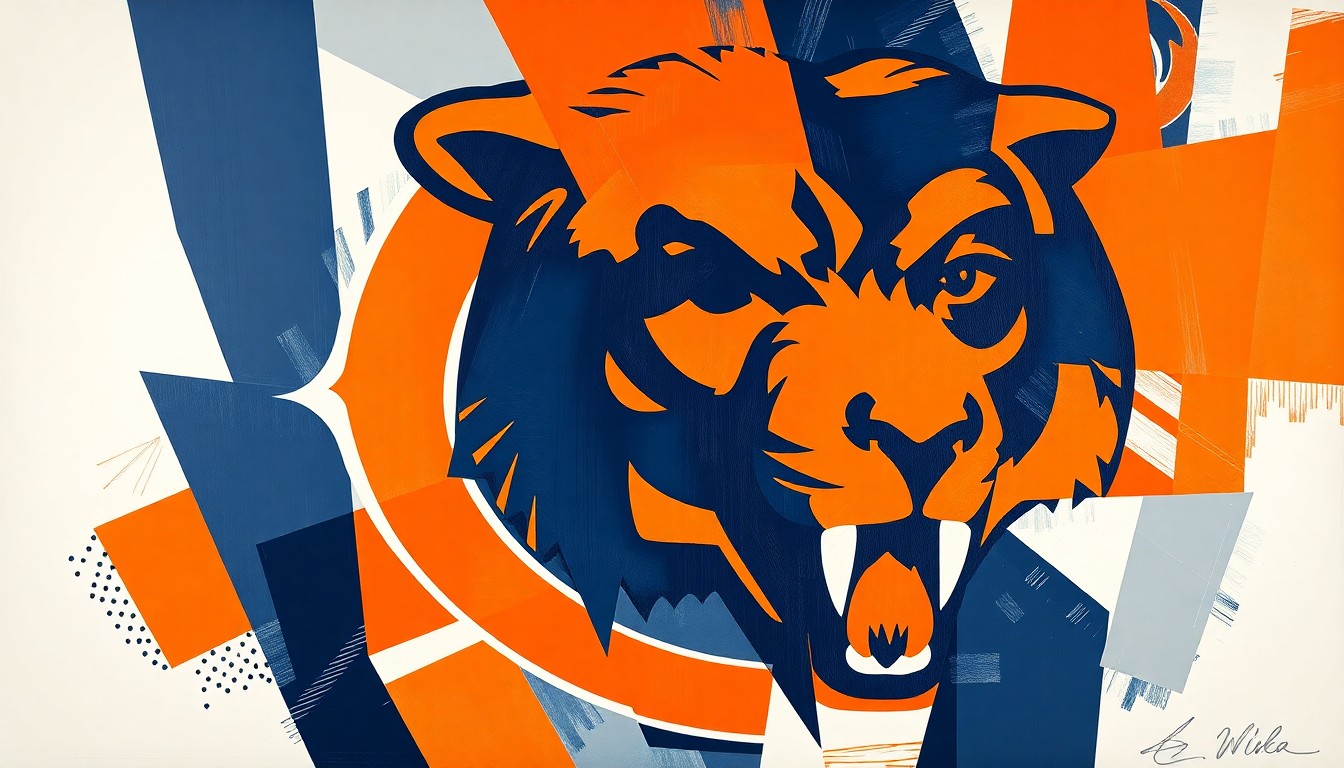 A cubist, geometric painting depicting a fragmented Chicago Bears football game, with sharp planes of navy blue, orange, and white overlapping to create a dynamic, multi-perspective visual.