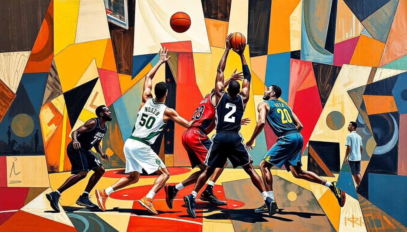 A fragmented, geometric painting in vibrant colors depicts the action of a basketball game, with players' forms broken down into abstract shapes and planes, conveying the energy and competitive spirit of the matchup.