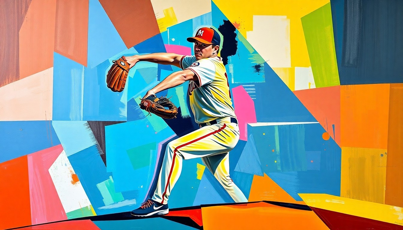 A fractured, geometric painting depicting a baseball pitcher's motion, with sharp planes of vibrant blues, greens, and oranges representing the Marlins' team colors.