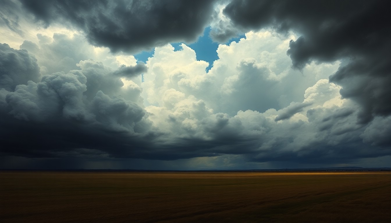 A vast, atmospheric landscape painting in muted tones of grey, blue, and green, depicting a stormy sky with dramatic clouds and light over a flat, open field, conveying the overwhelming power and scale of nature.