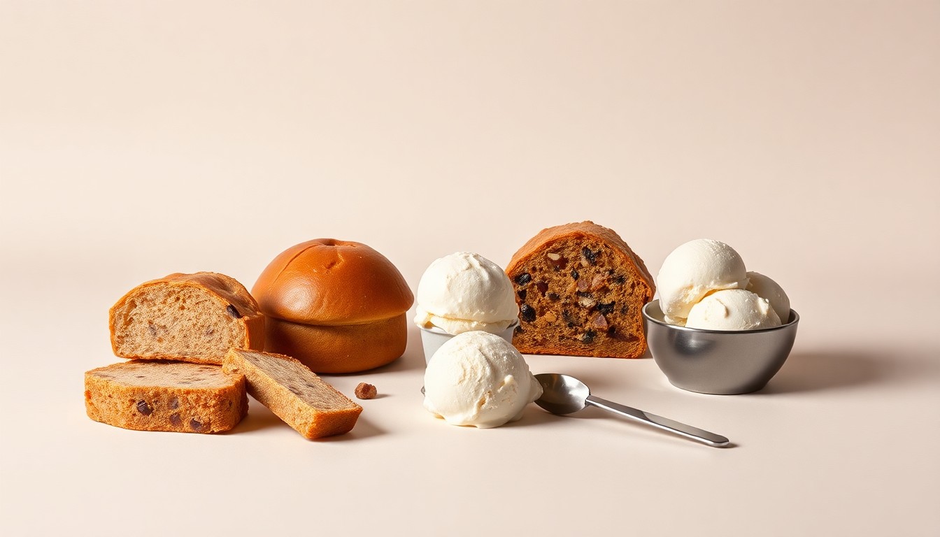 A high-end, photorealistic studio still-life photograph featuring a selection of premium baked goods and artisanal ice cream scoops arranged elegantly on a clean, monochromatic background, conceptually representing the refined, high-quality offerings of new businesses coming to the One Loudoun development.