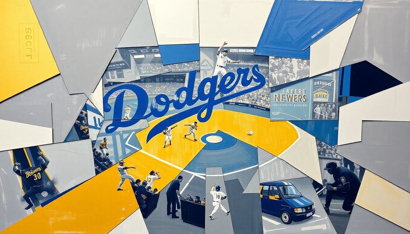 A fractured, geometric painting in shades of blue, gold, and gray depicting the dynamic movements of a baseball game or player, conveying the legacy of Davey Lopes as a Dodgers great and prolific base stealer.