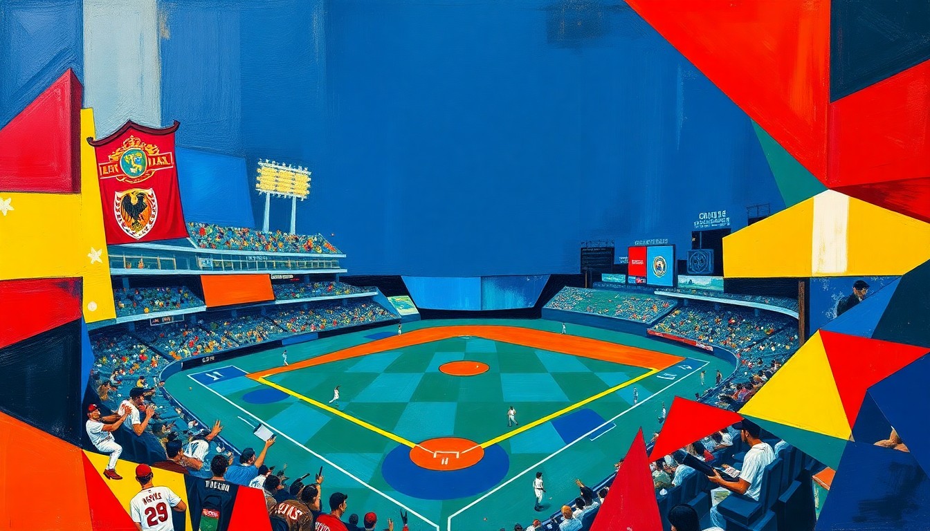A fragmented, geometric painting depicting a baseball game or match, with sharp planes of color and overlapping perspectives, conveying the complex challenges facing the Padres' front office leadership.