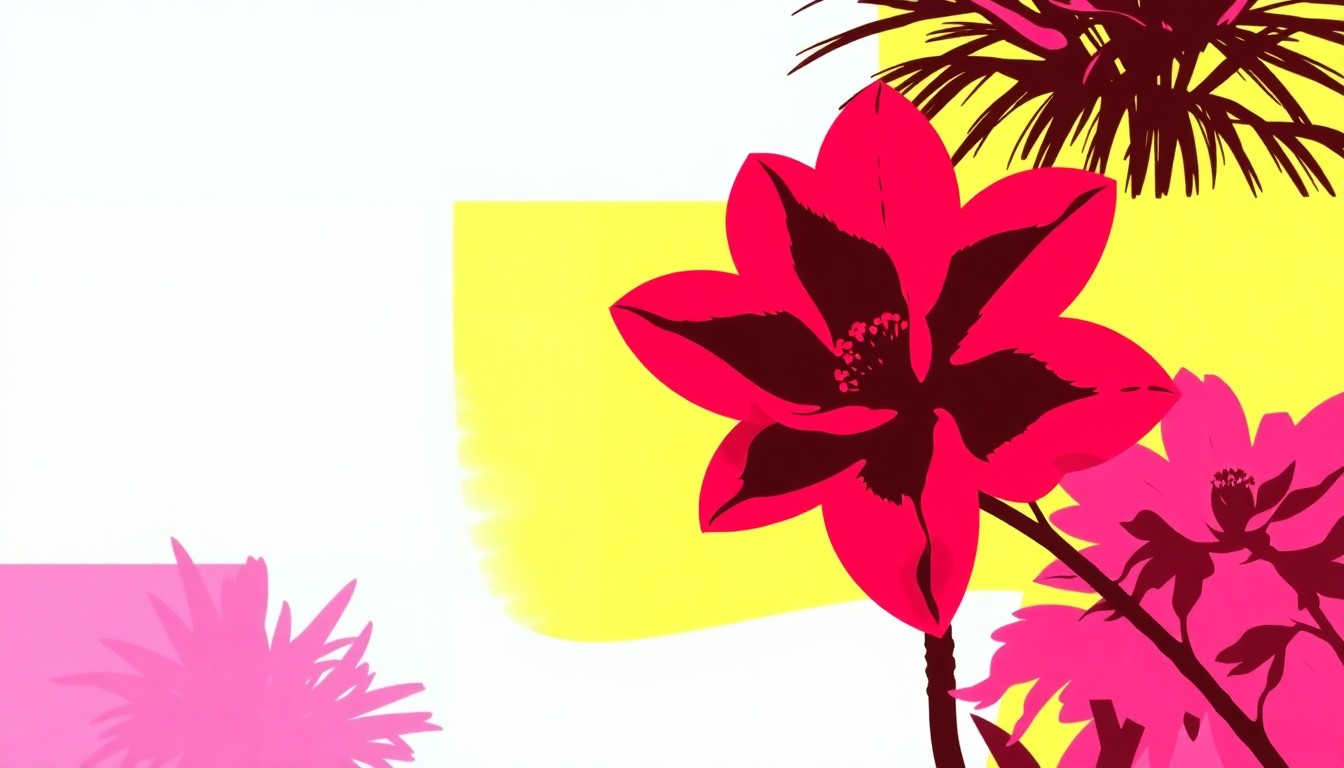 A brightly colored, high-contrast silkscreen print of a lush, flowering desert shrub repeated in a tight grid pattern, conceptually representing the natural elements of the Oasis for the Senses project.