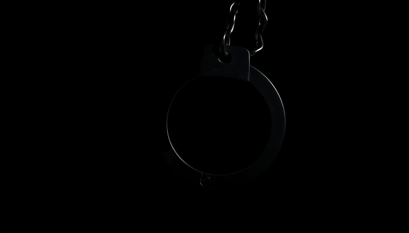 An extreme close-up photograph of a handcuff key against a pitch-black background, conceptually representing the arrest of a suspect in a child sexual abuse case.
