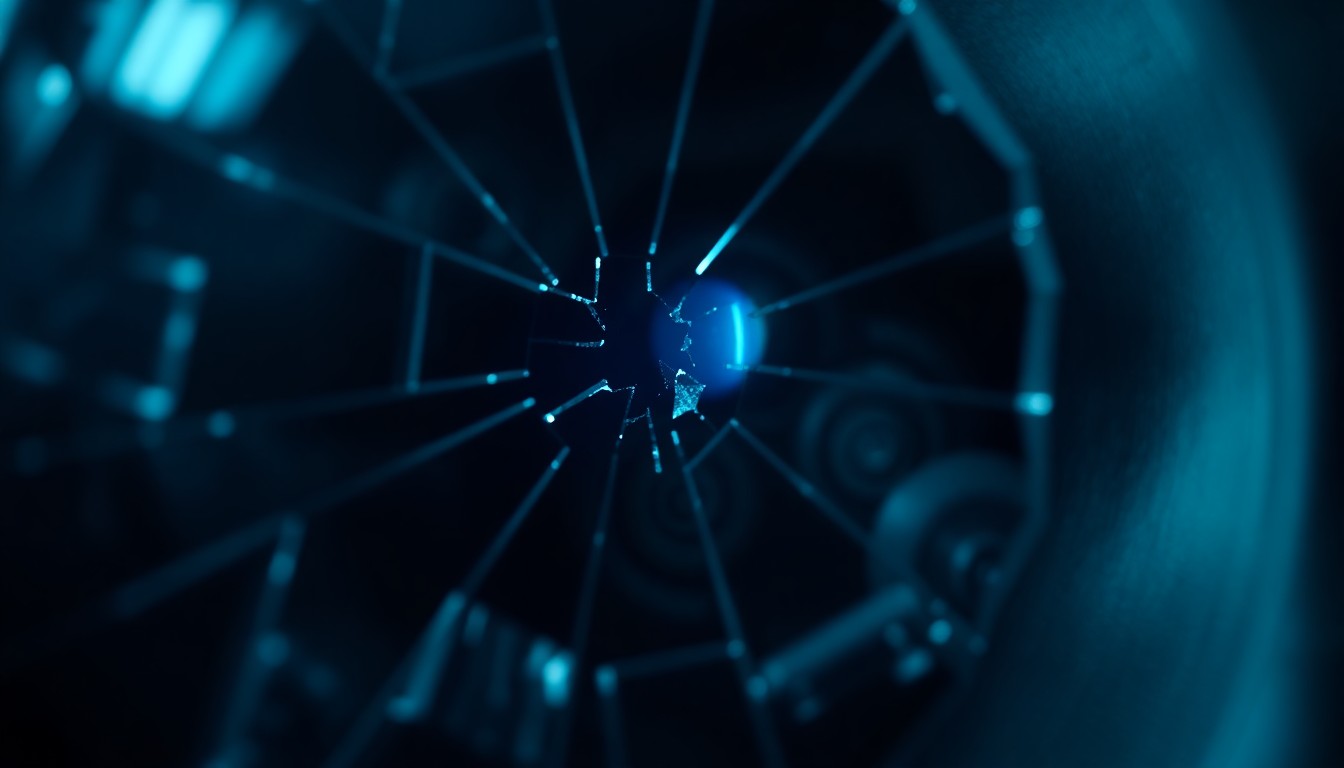 An abstract close-up photograph of shattered glass reflecting a faint blue light, conceptually representing the high-stakes undercover work and blurred lines of protocol that Velasco faces as he returns to the SVU squad.