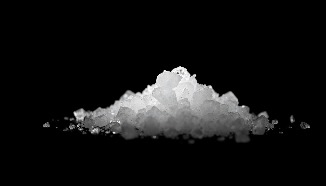 An extreme close-up photograph of a pile of crystalline methamphetamine against a stark black background, conceptually illustrating the scale and gritty nature of a major drug seizure.