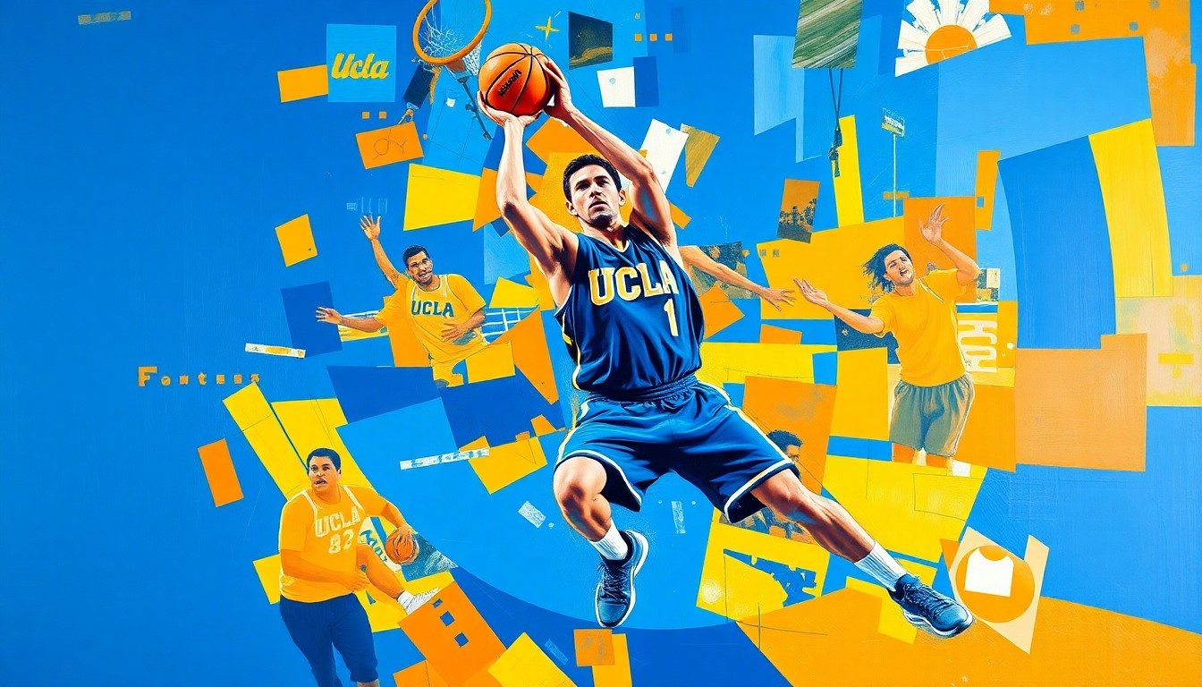 A cubist-style painting depicting a basketball player's movements broken down into sharp, overlapping geometric shapes in UCLA's blue and gold colors, conveying the uncertainty and transition facing the team after Clark's transfer.