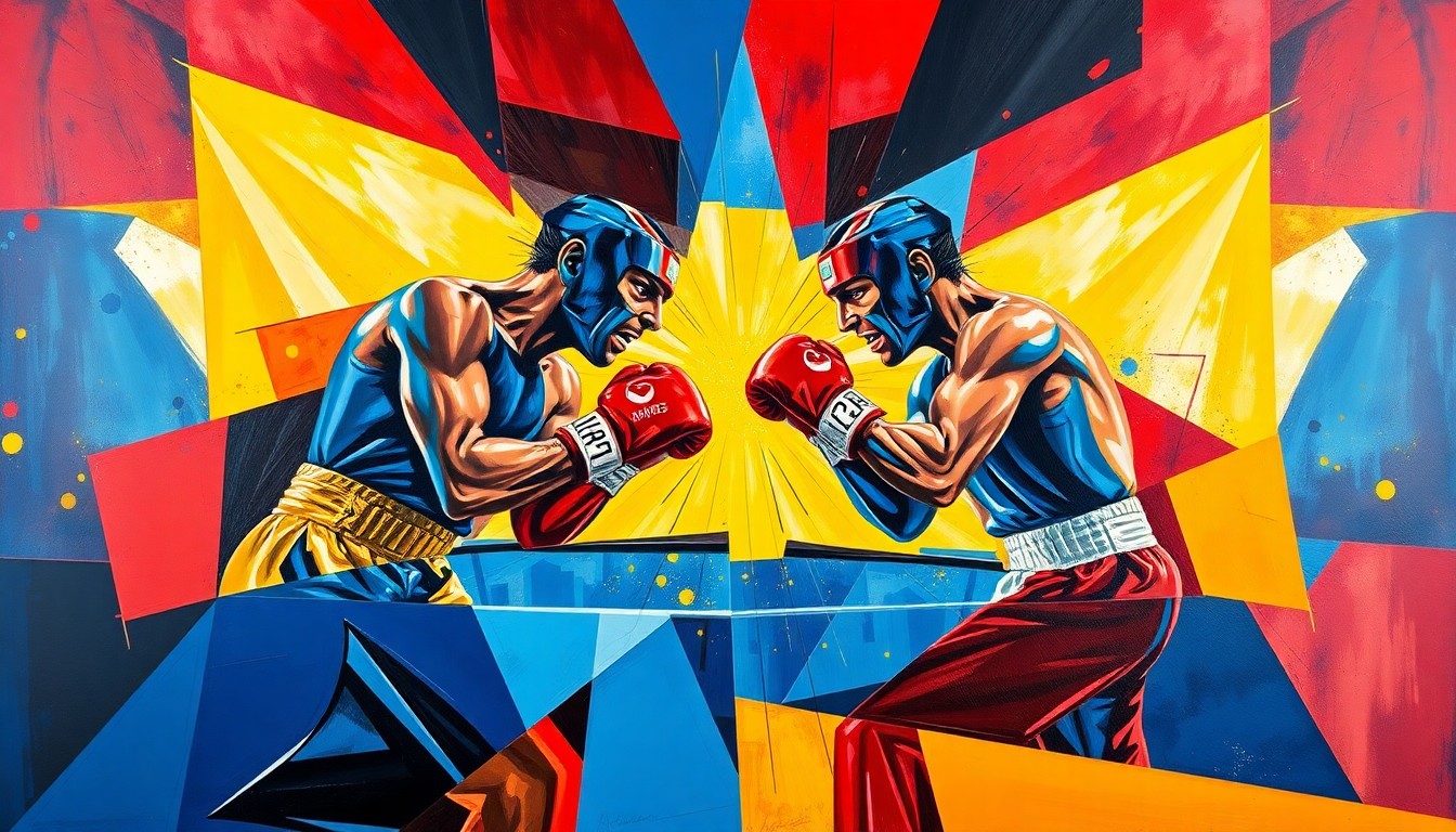 A cubist, geometric painting depicting the intense action and movement of a boxing match, with sharp, overlapping planes of color representing the fighters and their competition.