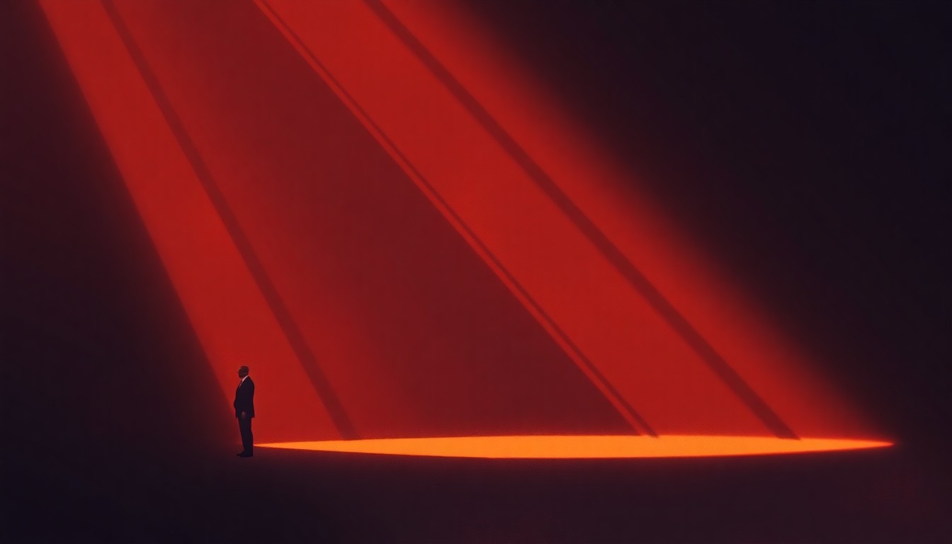 A dimly lit, cinematic painting of a government building or political figure in a state of solitude, with warm light and deep shadows creating a pensive, nostalgic mood.