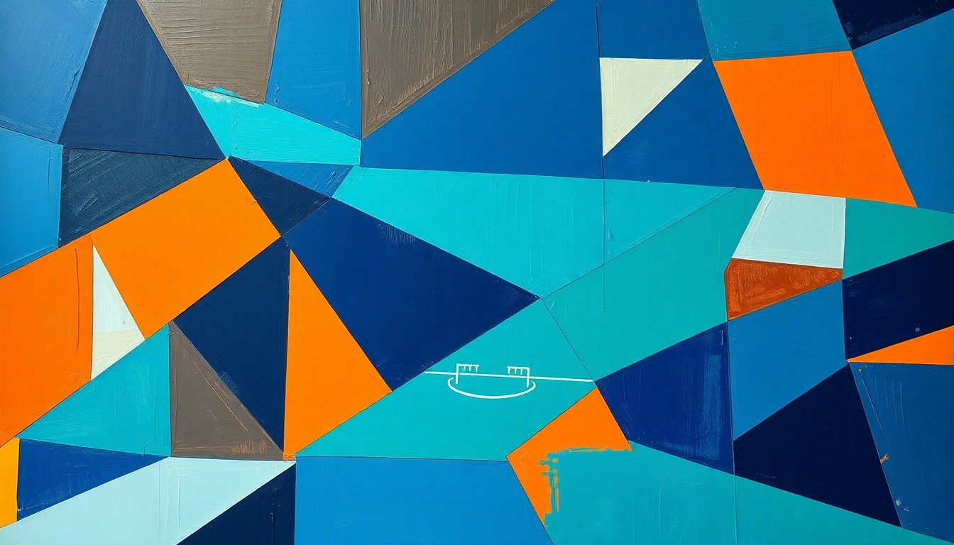 A cubist, geometric painting depicting a fragmented football game, with sharp planes of navy, teal, and orange overlapping to create a conceptual illustration of the ethical dilemmas surrounding former players in advisory roles.