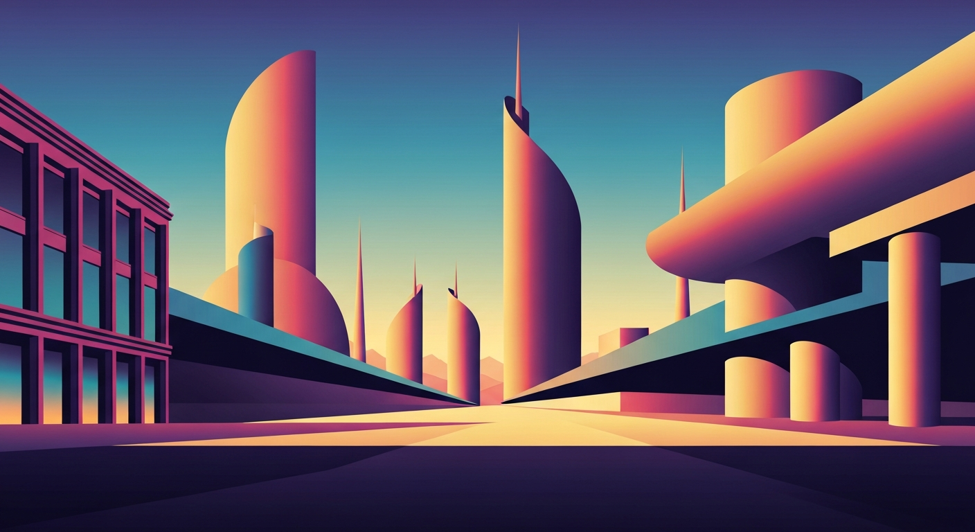 A highly stylized, geometric illustration in the Art Deco style, featuring sweeping lines, bold gradients, and towering architectural forms that evoke the grand scale and romance of travel and celebration.