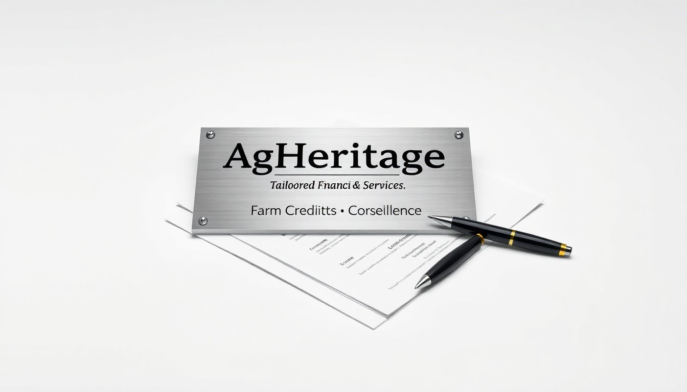 A minimalist studio still life featuring polished metal, financial documents, and a pen, conceptually representing AgHeritage's commitment to providing tailored financial solutions for the agricultural community.