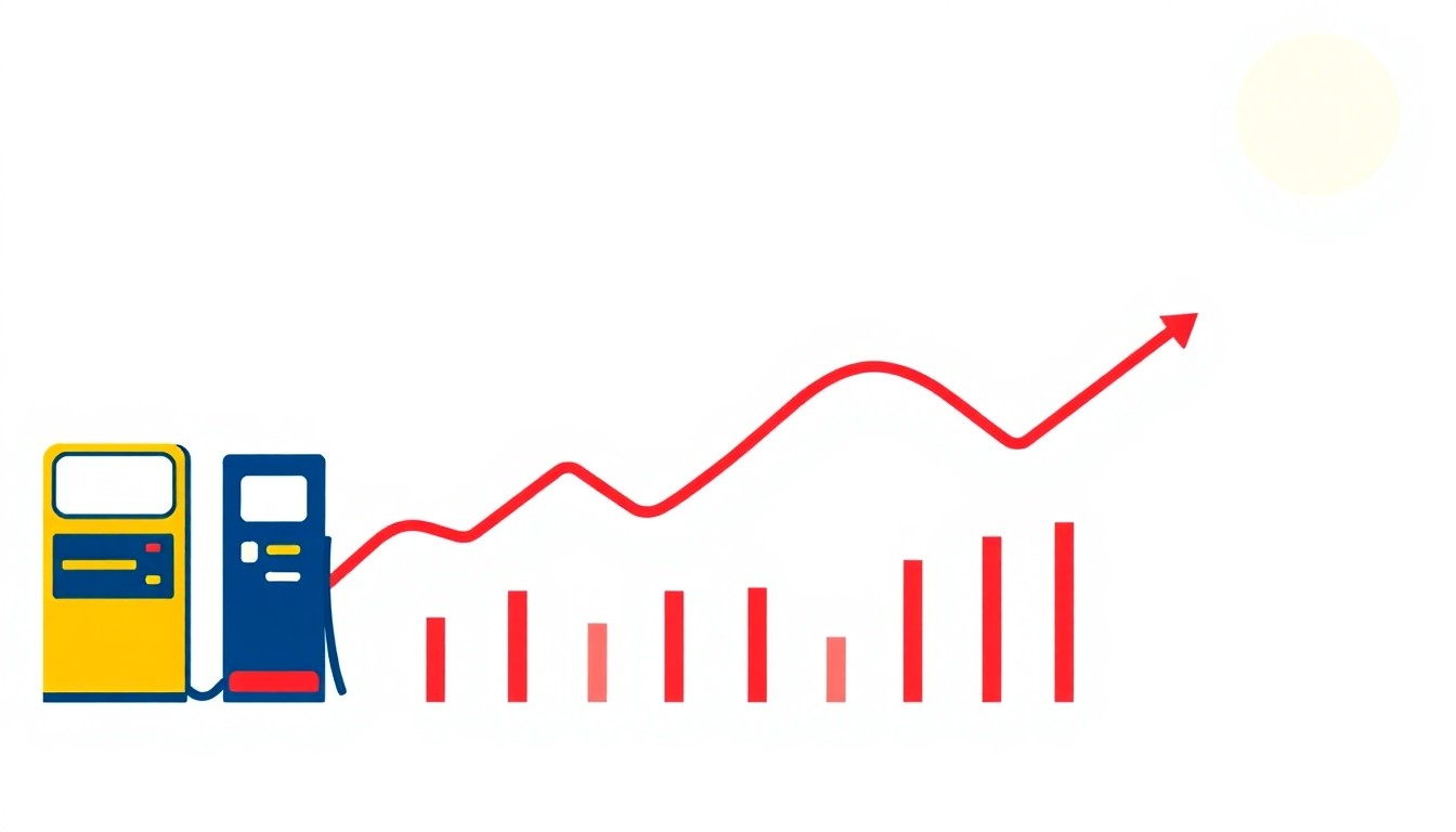 An abstract illustration composed of overlapping triangles and rectangles in shades of red, blue, and yellow, conceptually representing the complex factors influencing gas prices.